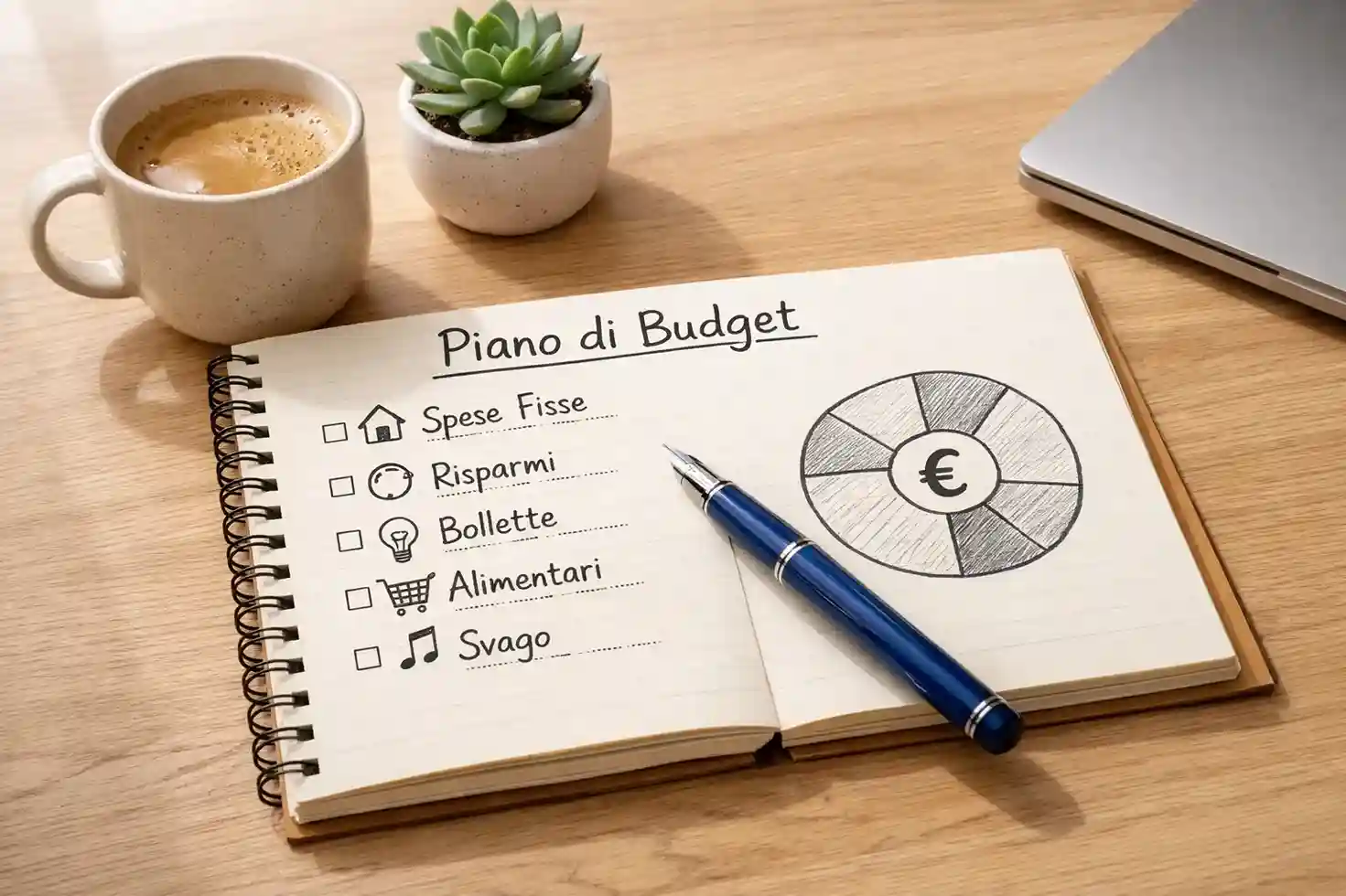 Blocco note con budget scritto a mano e simbolo euro accanto a una tazza di caffè